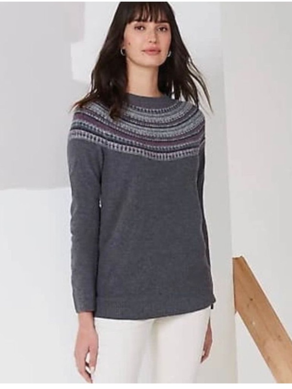 NEW! J. Jill Womens Fair Isle Stripes Sweater Charcoal Heather Long Sleeve MP